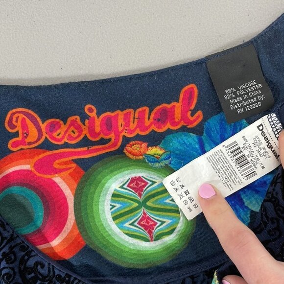 Desigual Long Sleeve Dress Sheath Paisley Floral Navy Blue Size X Small XS - Picture 13 of 17